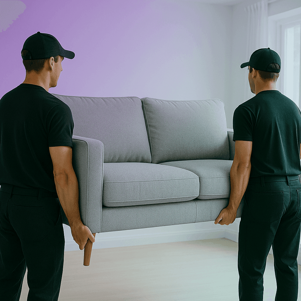 Two movers in uniforms carrying a gray sofa in a bright room.