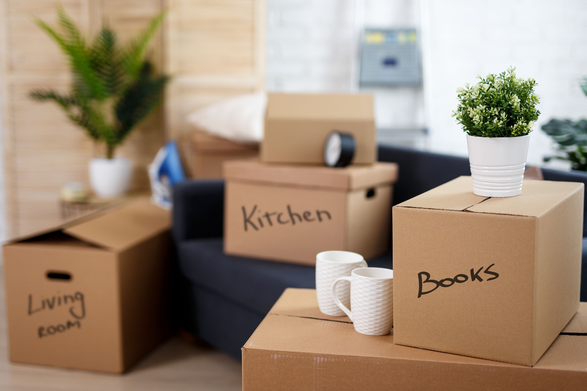 moving day - close up of cardboard boxes with belongings stacked in new house