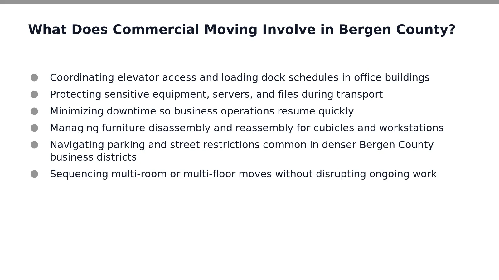 Commercial moving covers relocation of office spaces, corporate buildings, and business facilities across Bergen County